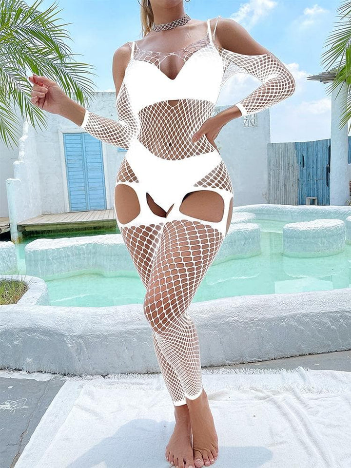 Fishnet hollow out off shoulder open crotch bodystocking  | Festival Outfits Women