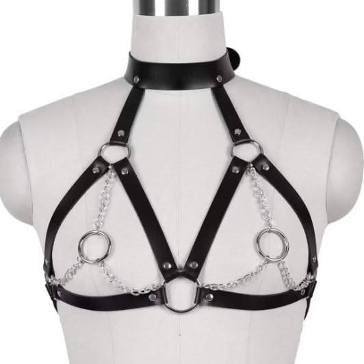 O ring halter PU leather metal chain harness top  | Festival Outfits Women
