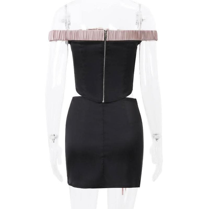 Off shoulder self tie flower applique zip-up button mini skirt set-final-sale  | Festival Outfits Women