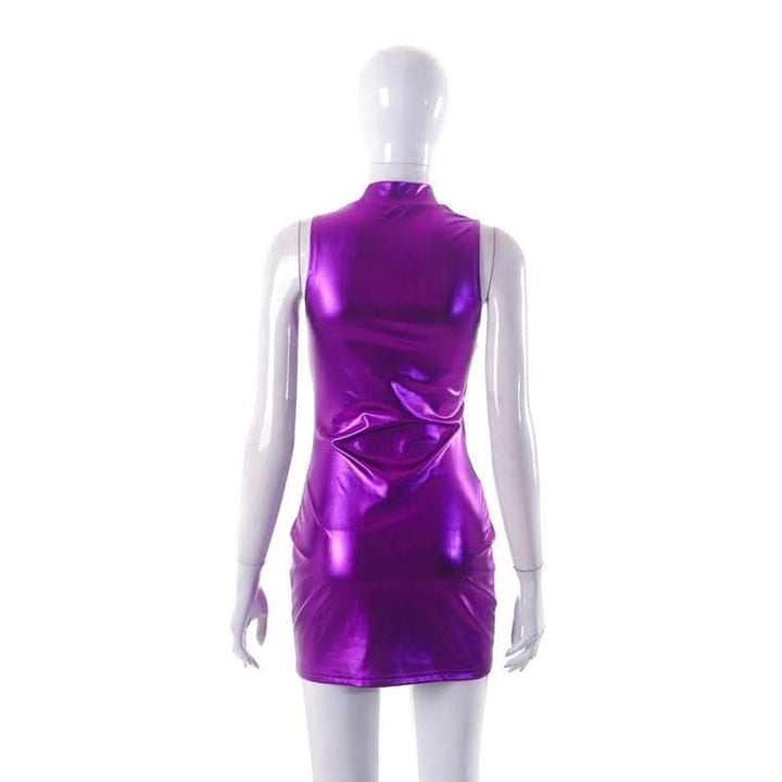 High neck metallic sleeveless solid mini dress-final-sale  | Festival Outfits Women