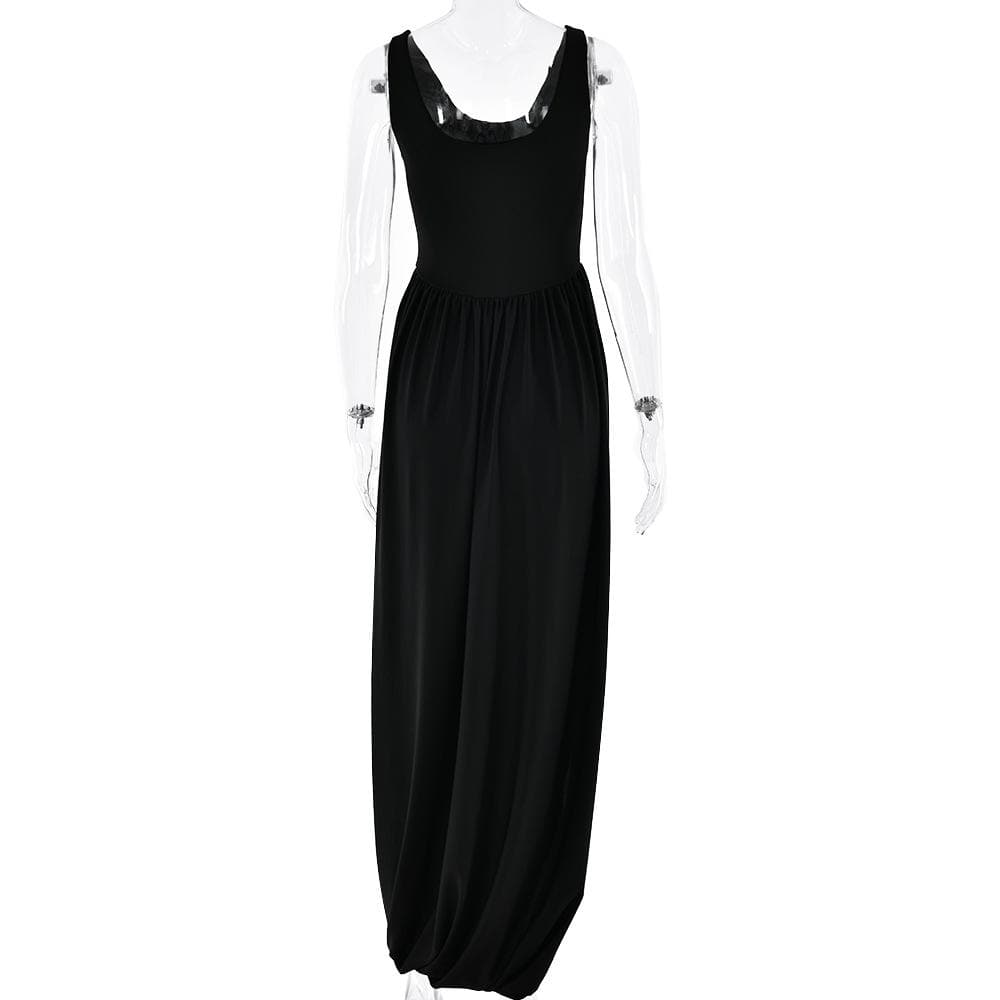 U neck ruched solid backless cami maxi dress  | Festival Outfits Women