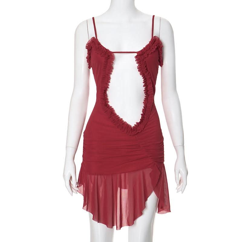 Double layered mesh ruffle hollow out cami cut out mini dress-final-sale