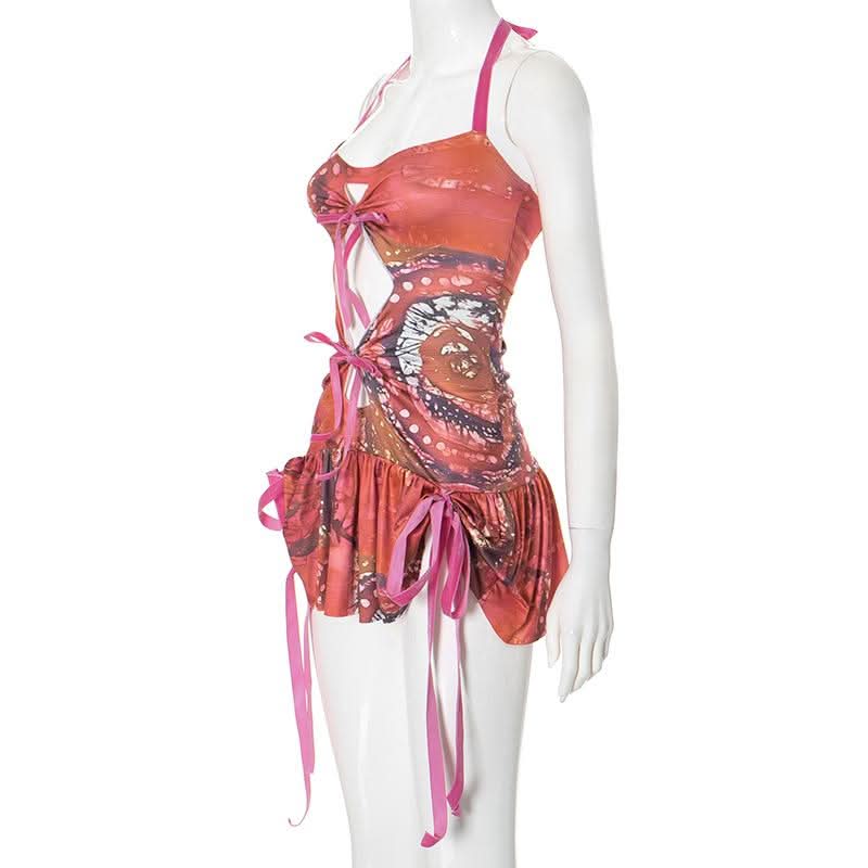 Halter self tie ruched hollow out print cut out mini dress-final-sale
