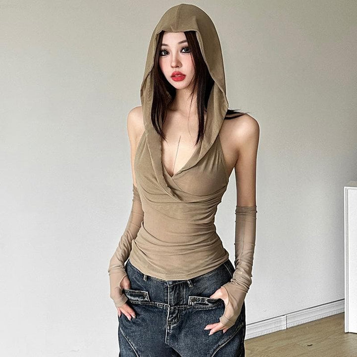 Hoodie gloves sheer mesh top  | Festival Outfits Women
