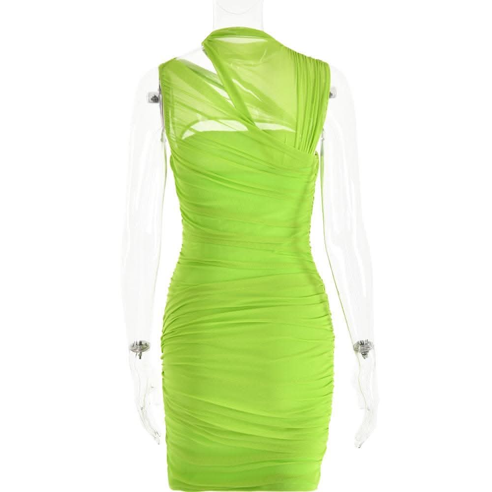 Sleeveless irregular hollow out mesh knotted ruched cut out mini dress-final-sale  | Festival Outfits Women