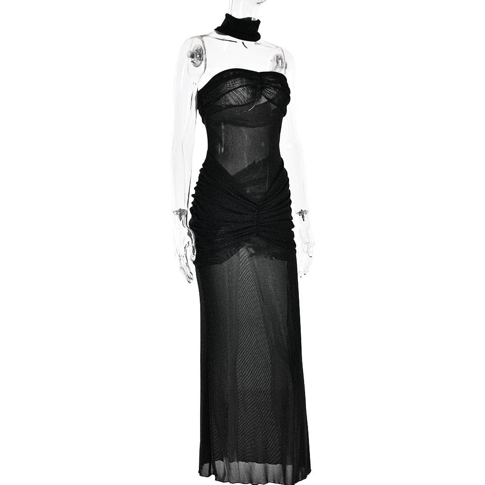 Sweetheart neck ruched see through glitter tube maxi dress  | Festival Outfits Women