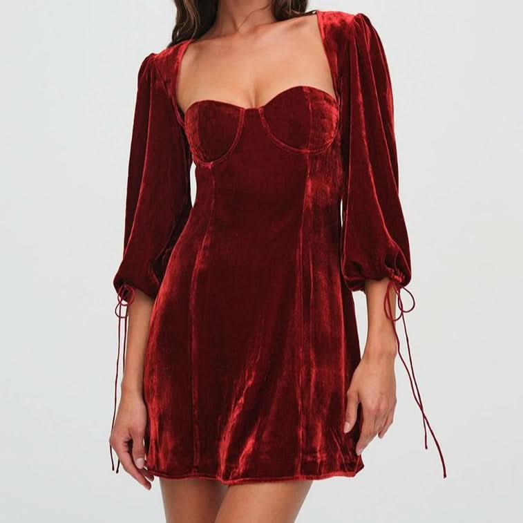 Long sleeve sweetheart neck velvet hollow out cut out mini dress  | Festival Outfits Women