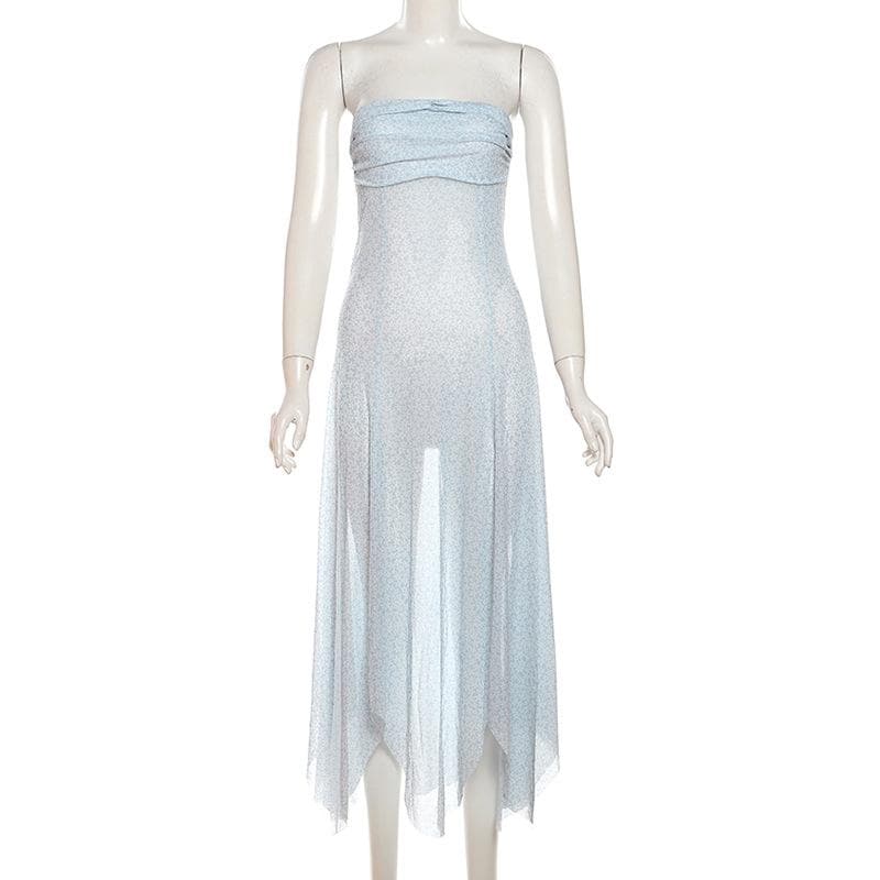 Sheer mesh ruffle flower print tube midi dress  | Festival Outfits Women