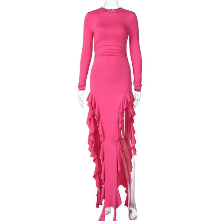 Long sleeve crewneck ruffle slit solid ruched maxi dress-final-sale  | Festival Outfits Women