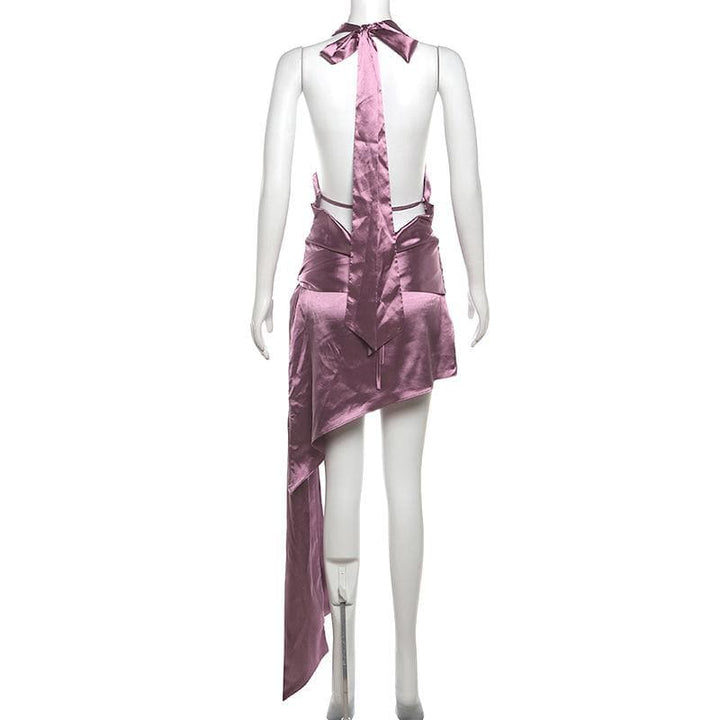 Cowl neck halter flower applique knotted mini dress  | Festival Outfits Women