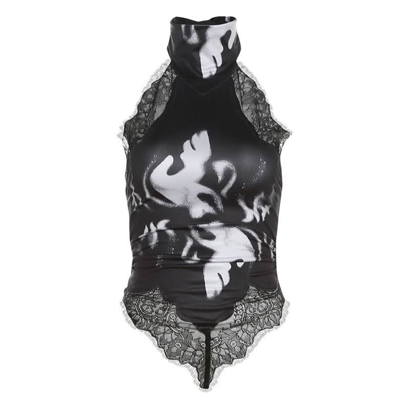 Halter button lace hem print backless top  | Festival Outfits Women-final-sale
