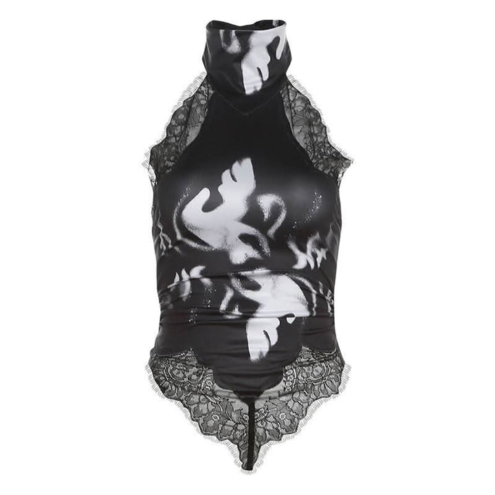 Halter button lace hem print backless top  | Festival Outfits Women-final-sale