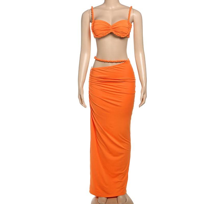 Irregular hollow out ruched v neck cami maxi skirt set  | Festival Outfits Women