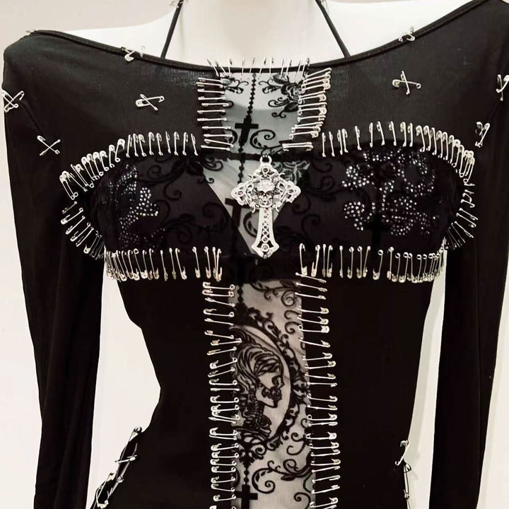 Long sleeve beaded pin applique print top  | Festival Outfits Women