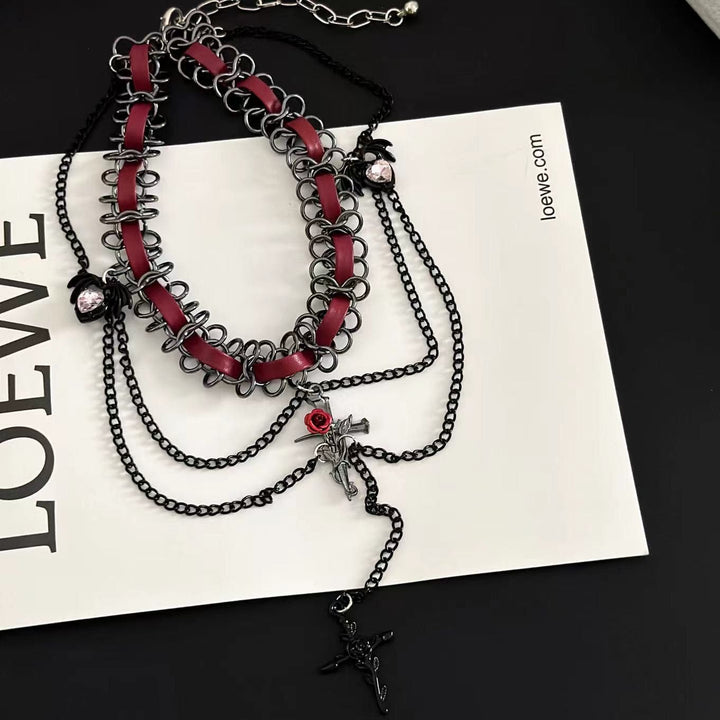 Rose cross PU leather layered choker necklace  | Festival Outfits Women