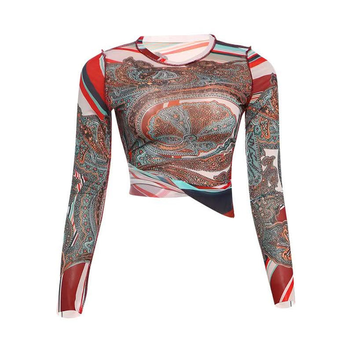 Long sleeve crewneck mesh abstract print top  | Festival Outfits Women