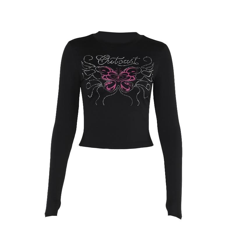Long sleeve beaded butterfly pattern crewneck top  | Festival Outfits Women