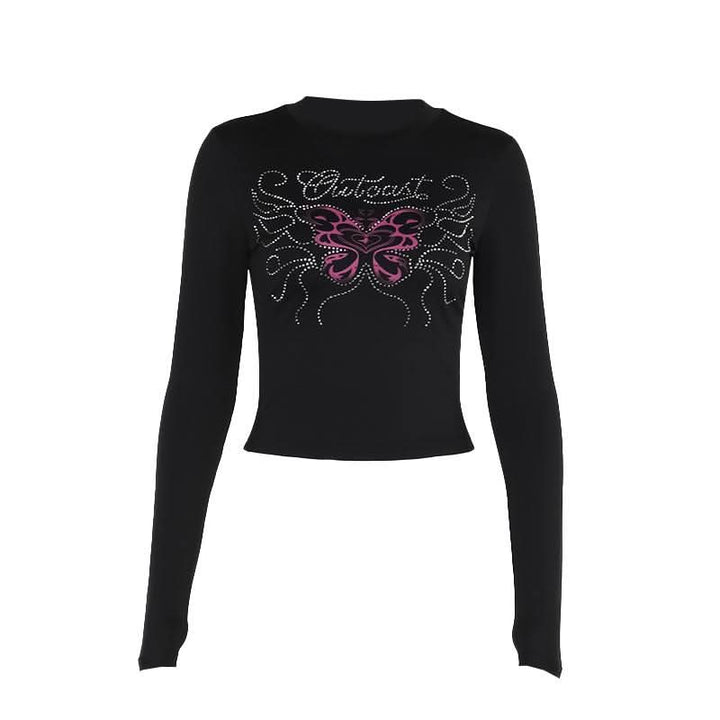 Long sleeve beaded butterfly pattern crewneck top  | Festival Outfits Women