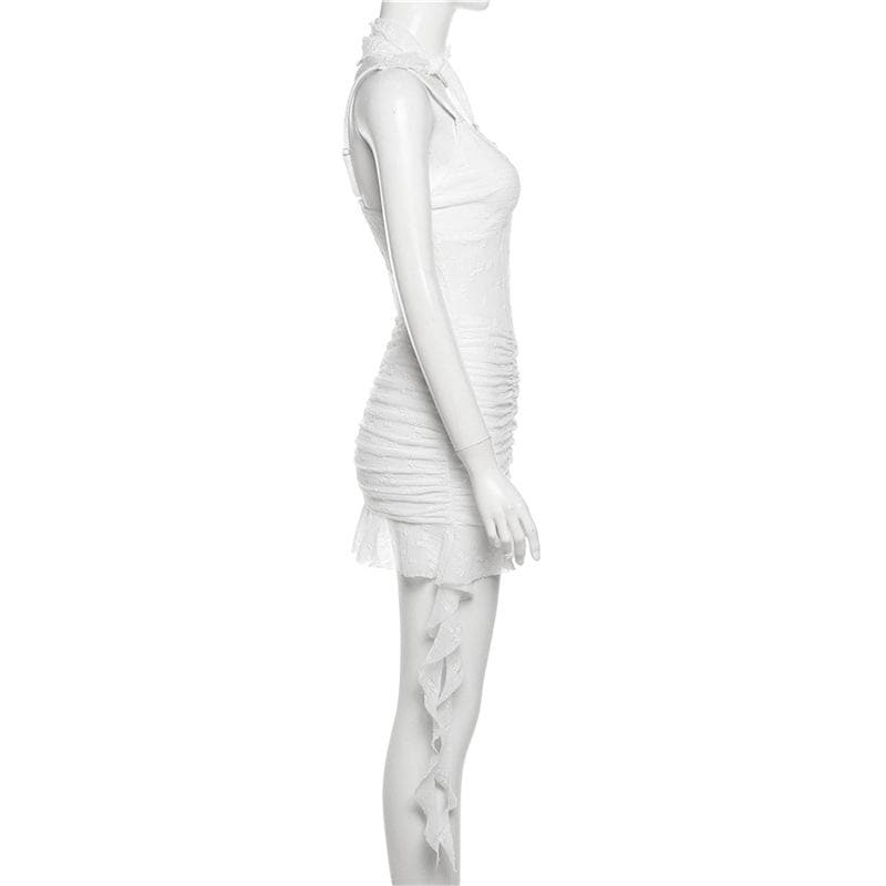 Ruched ruffle lace 2-way v neck cami mini dress  | Festival Outfits Women