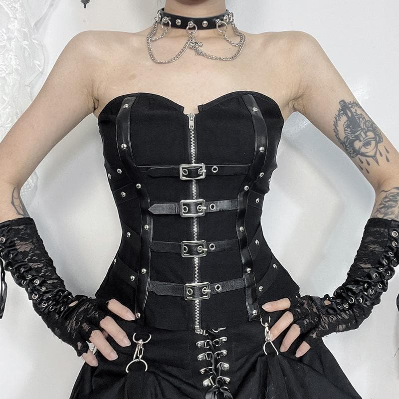 PU leather patchwork buckle zip-up tube top  | Festival Outfits Women