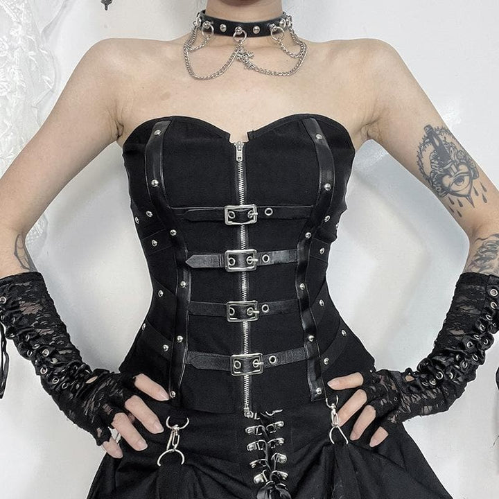 PU leather patchwork buckle zip-up tube top  | Festival Outfits Women