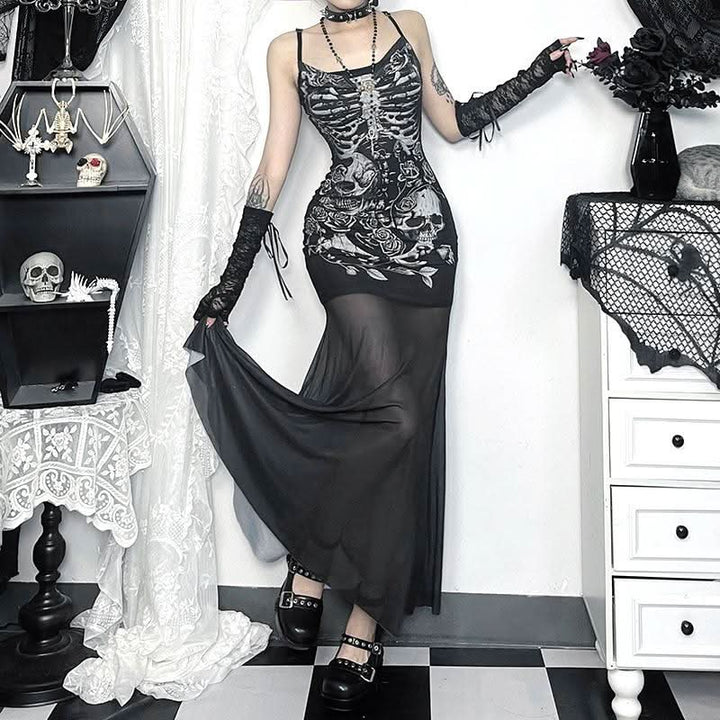 U neck skull print mesh backless cami maxi dress  | Festival Outfits Women-final-sale