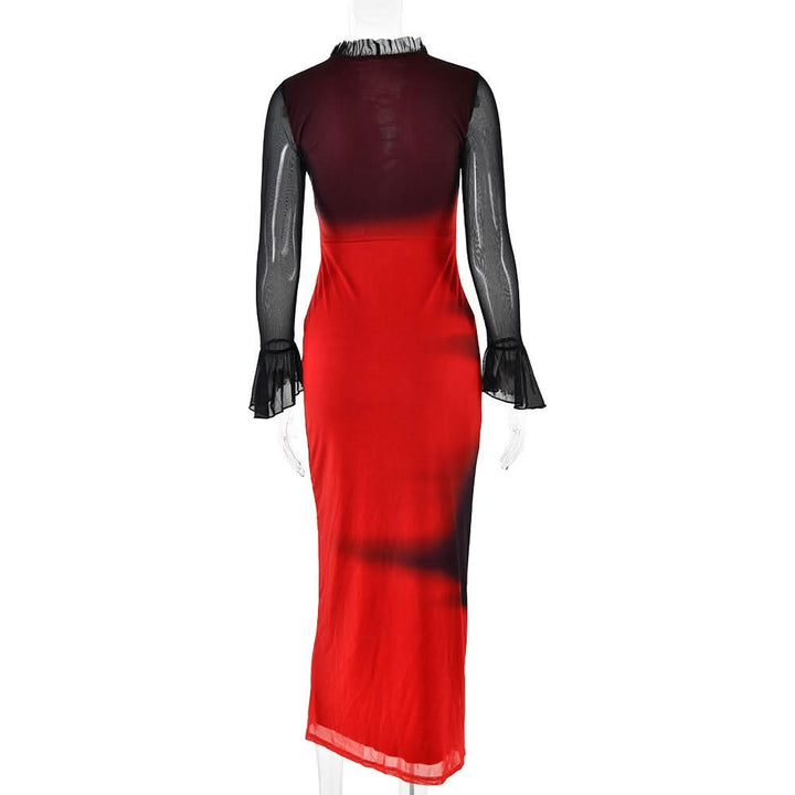 Long flared sleeve ruffle lace up mesh midi dress  | Festival Outfits Women