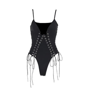 V neck lace up hollow out solid cami bodysuit  | Festival Outfits Women