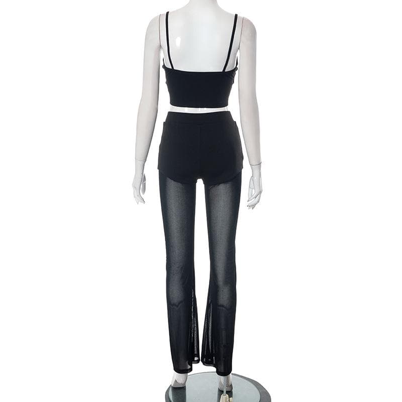 Mesh patchwork letter pattern cami pant set  | Festival Outfits Women-final-sale
