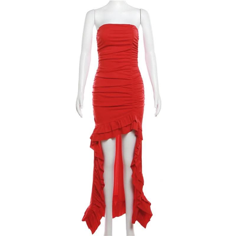 Ruched ruffle solid backless tube maxi dress-final-sale  | Festival Outfits Women