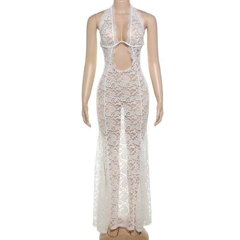 Halter lace see through hollow out cut out maxi dress  | Festival Outfits Women