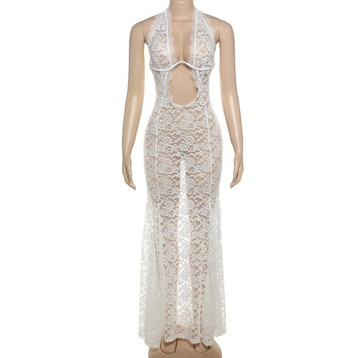 Halter lace see through hollow out cut out maxi dress  | Festival Outfits Women