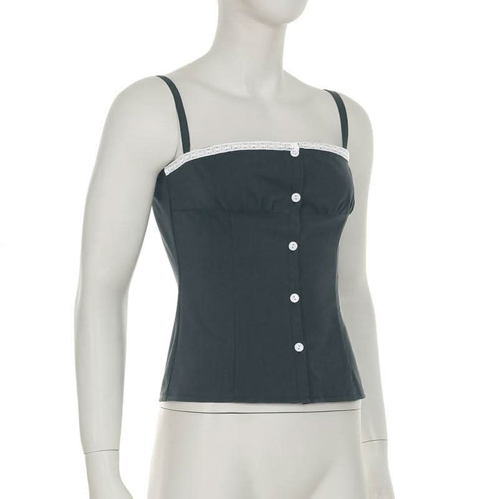 Square neck lace hem button ruched backless top  | Festival Outfits Women