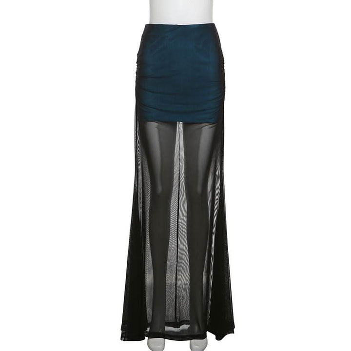 Ruched mesh patchwork maxi skirt  | Festival Outfits Women