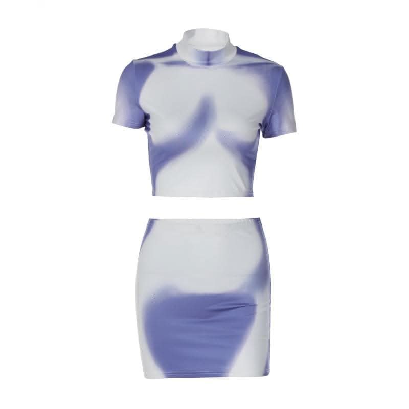 Short sleeve high neck contrast body print mini skirt set-final-sale  | Festival Outfits Women