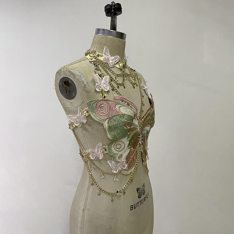 Butterfly embroidery metal chain halter top with choker  | Festival Outfits Women