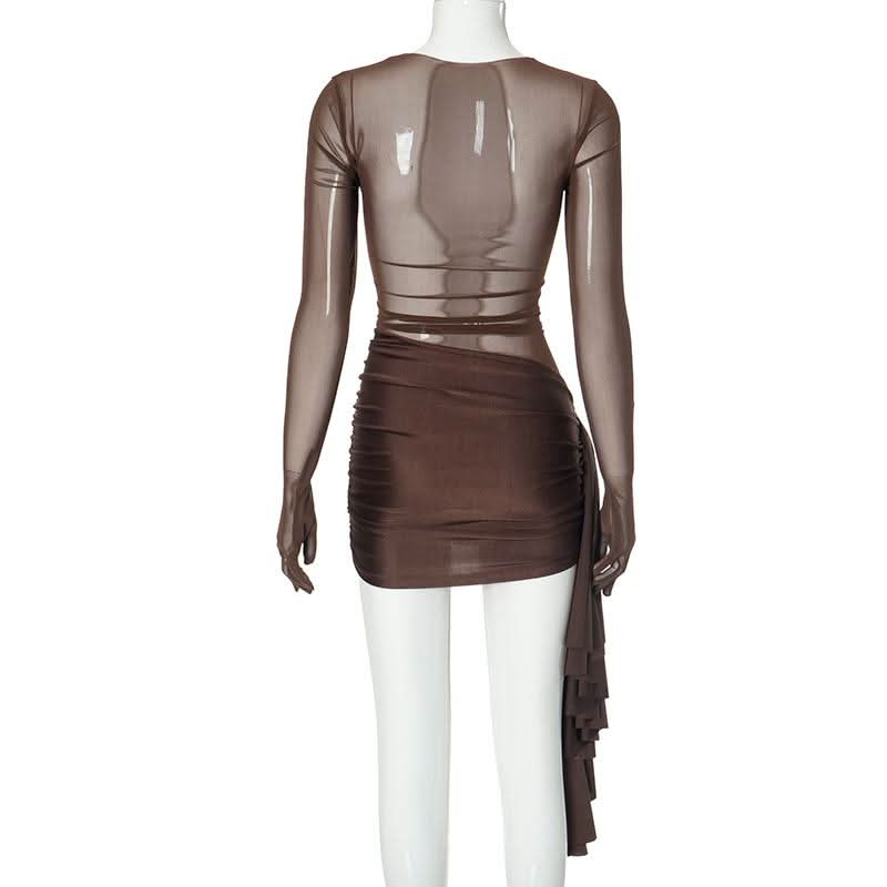 Long sleeve mesh patchwork ruched mini dress  | Festival Outfits Women