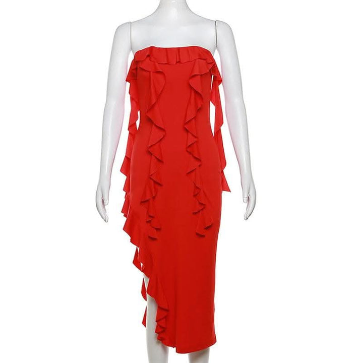 Ruffle high slit ruched irregular solid tube midi dress-final-sale  | Festival Outfits Women