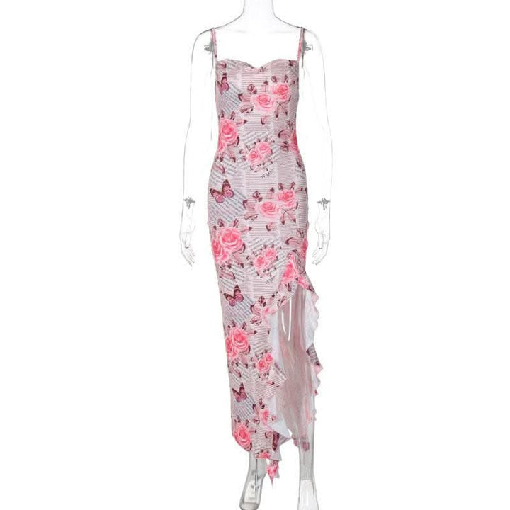 Cowl neck ruffle slit butterfly print cami maxi dress-final-sale  | Festival Outfits Women