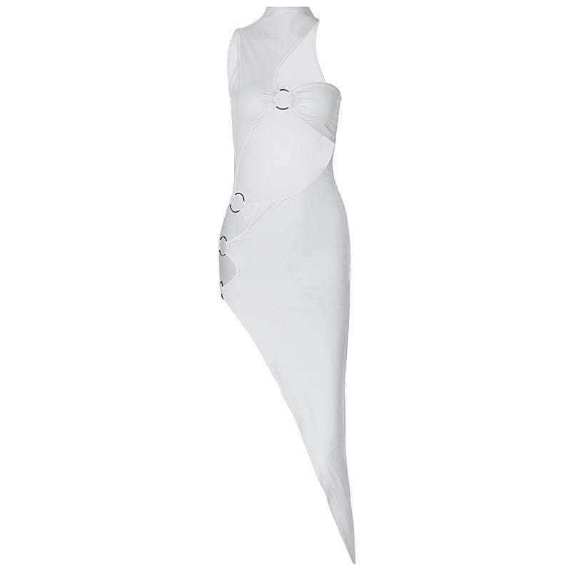 One shoulder high neck o ring irregular midi dress  | Festival Outfits Women