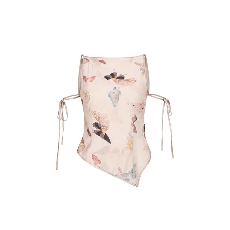 Butterfly print irregular beaded self tie top  | Festival Outfits Women