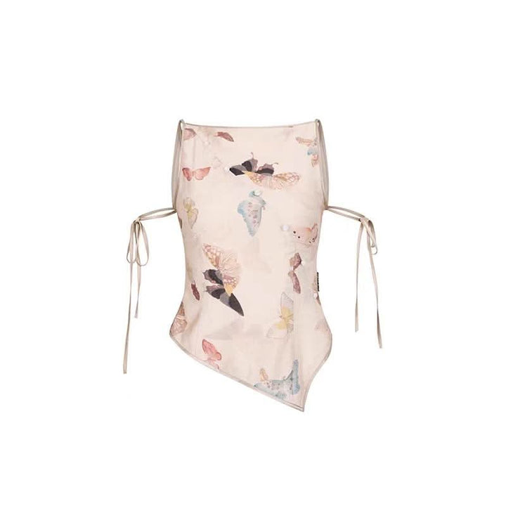 Butterfly print irregular beaded self tie top  | Festival Outfits Women