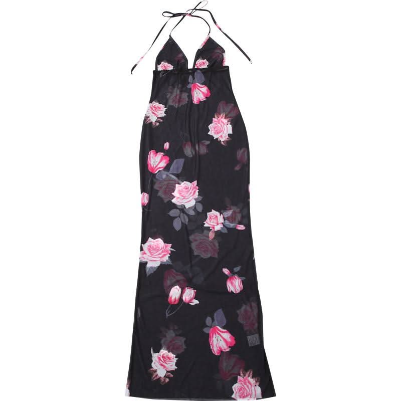 Halter v neck flower print see through maxi dress  | Festival Outfits Women