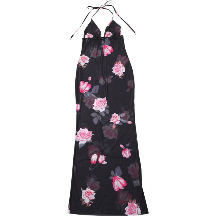 Halter v neck flower print see through maxi dress  | Festival Outfits Women