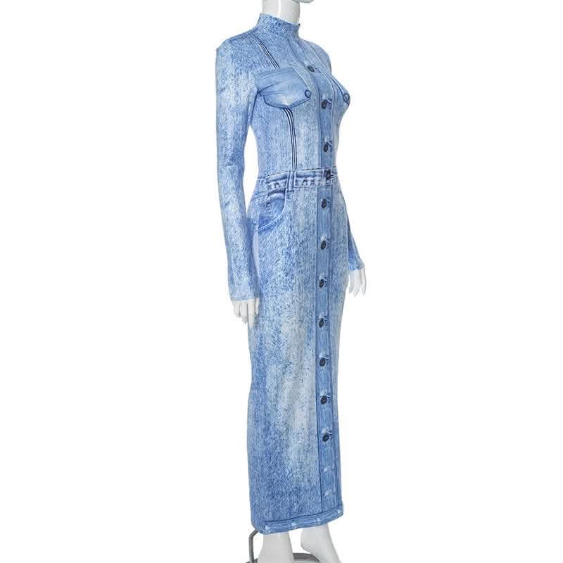 Denim print contrast high neck long sleeve maxi dress-final-sale  | Festival Outfits Women