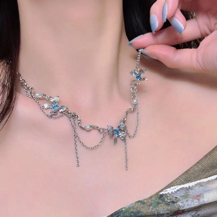Blue butterfly metal chain layered choker necklace  | Festival Outfits Women