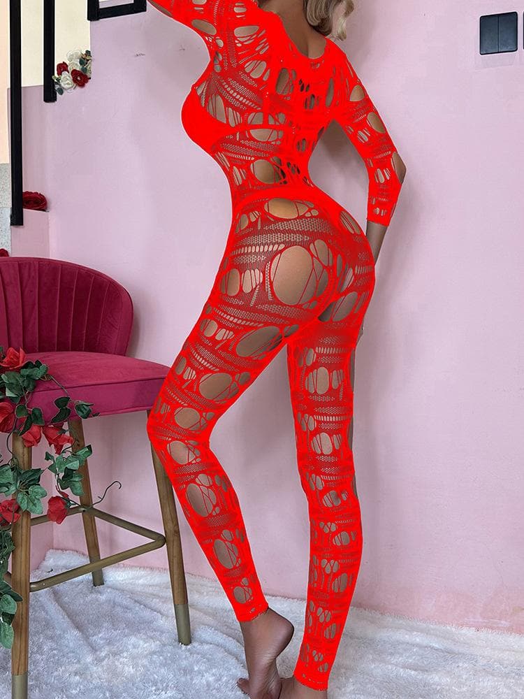 Long sleeve net hollow out padded bodystocking  | Festival Outfits Women