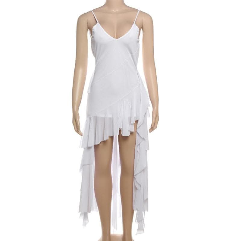 V neck sheer mesh ruffle cami midi dress-final-sale  | Festival Outfits Women