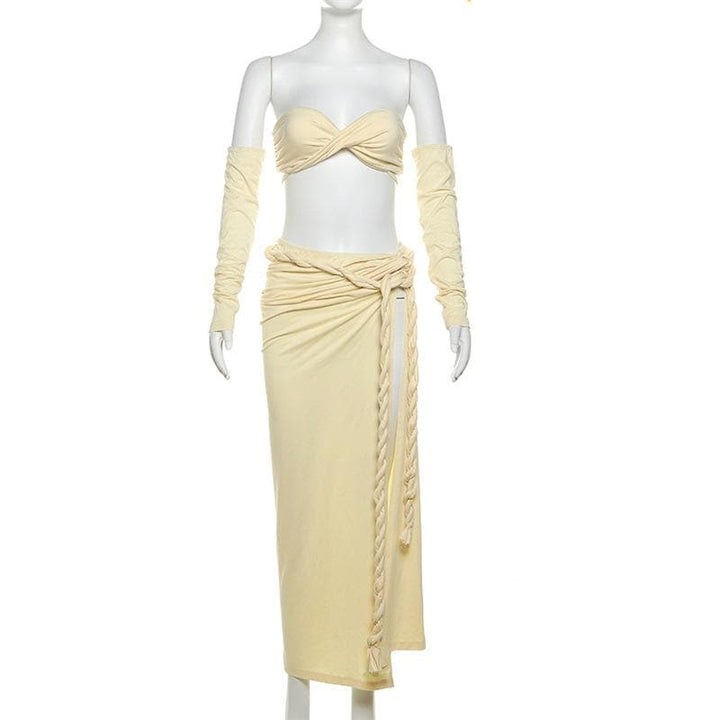 Gloves one shoulder high slit self tie maxi skirt set-final-sale  | Festival Outfits Women