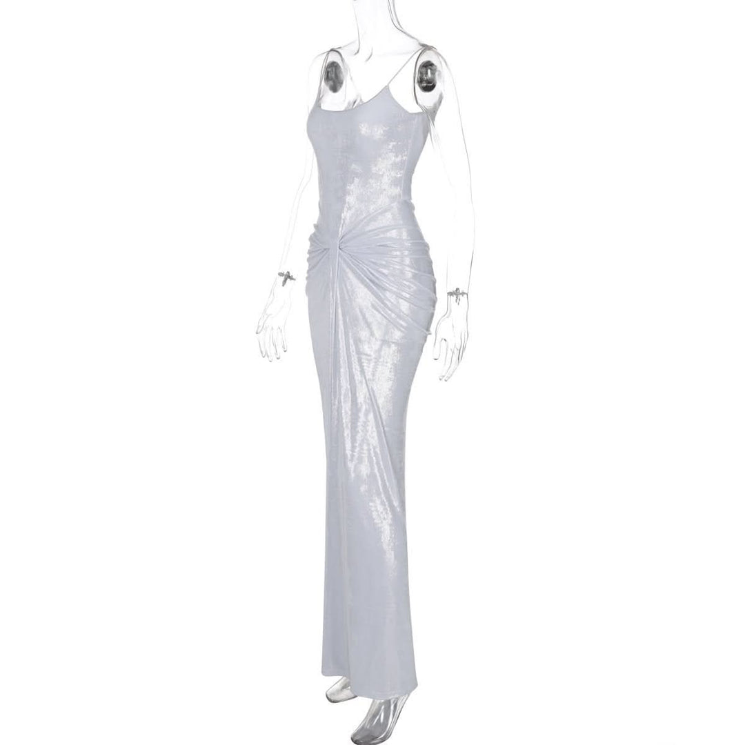 U neck metallic ruched backless cami maxi dress  | Festival Outfits Women